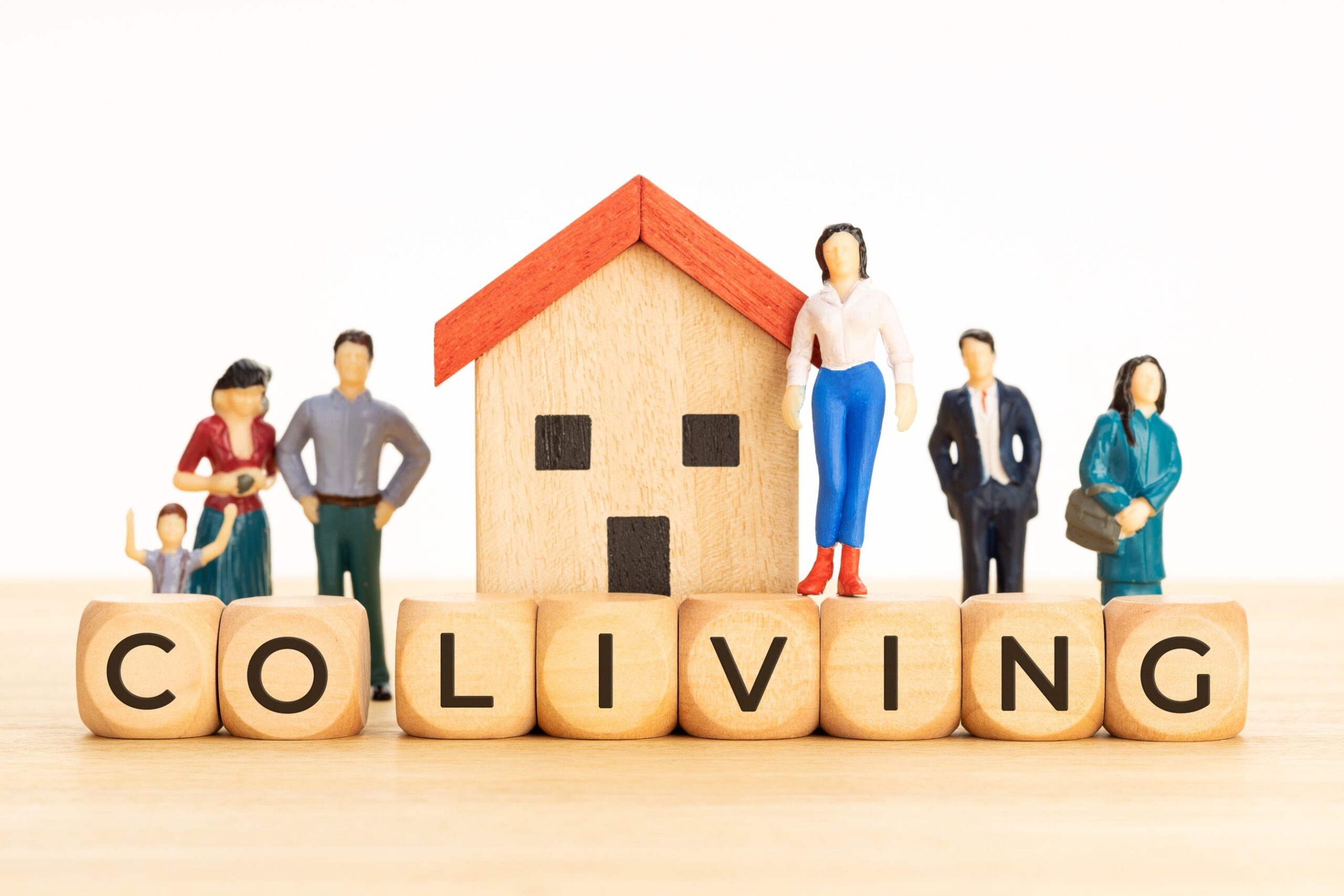 Small painted wooden dolls representing several people in business casual attire. A tiny wooden house is also pictured. Wooden blocks with letters spell out the word 'Co -living'